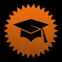 Image of mortar board cap and tassel in front of an orange starburst.