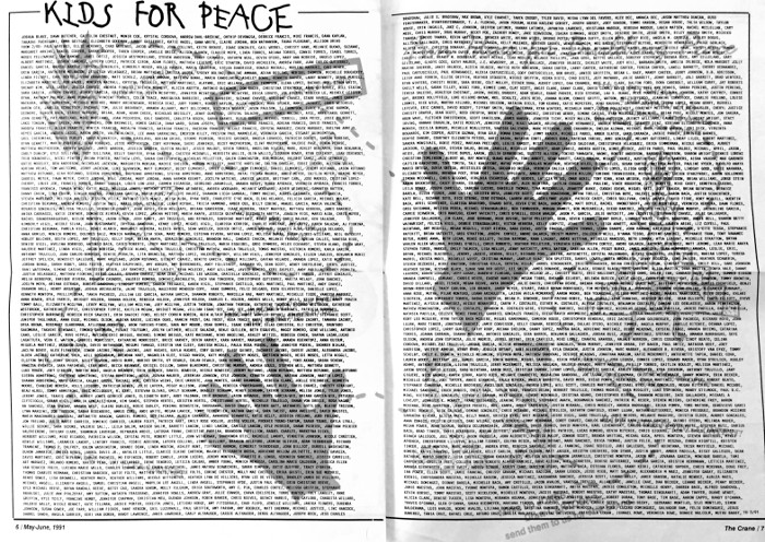 Hundreds of names printed under the heading 'Kids for Peace'.