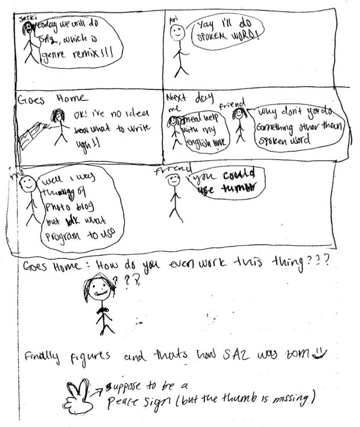 A hand-drawn comic showing how Ari came to think of her idea of tumbl'r. Ari's first panel has Jacki explaining that SA2 is a genre remix. Then, Ari considers how she might do spoken word in the next panel. The next panel has Ari going home and thinking that she has 'no idea what to write.' In the fourth panel, Ari shows a conversation of her talking to a friend about other ideas. She next considers a photo, to which the friend suggests Tumbl'r. The next panel shows Ari going home and being confused about the technology. Finally, she draws a peace sign to illustrate her being done with the project.