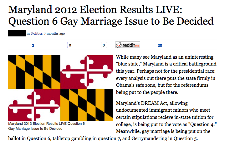 This image includes the Maryland state flag and the beginning of a blog post that argues Maryland is a &ldquo;key battleground&rdquo; in the 2012 election.