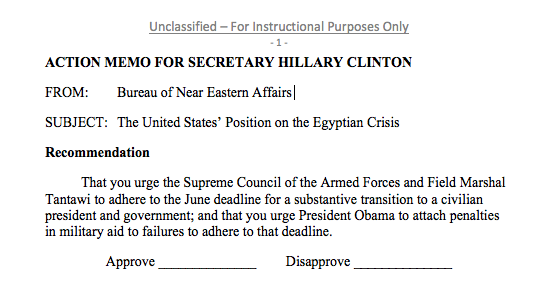 This image, titled <cite>Action Memo for Secretary Hillary Clinton,</cite> is designed to look like an official action memo. After the title, the excerpt includes a &ldquo;from&rdquo; line, a &ldquo;subject&rdquo; line, a brief recommendation, and a place to check either &ldquo;approve&rdquo; or &ldquo;disapprove.&rdquo;