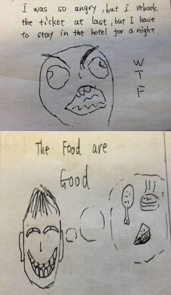 Two hand sketches. The top sketch shows a face with burrowed eyebrows and large eyes, with text that reads &ldquo;I was so angry, but I rebook the ticket at last, but I have to stain in the hotel for a night. WTF.&rdquo; The bottom sketch depicts a smiling face with a thought bubble. In the thought bubble are images of a burger, pizza, and chicken. There is a caption above the head that reads &ldquo;The food are good.&rdquo;