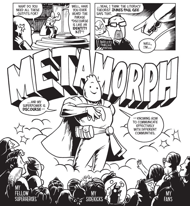 The image is labeled &ldquo;High and Low Culture&rdquo; and shows an illustration of the discourse superhero Metamorph dressed in tights and a cape speaking to an audience about important communicative principles.