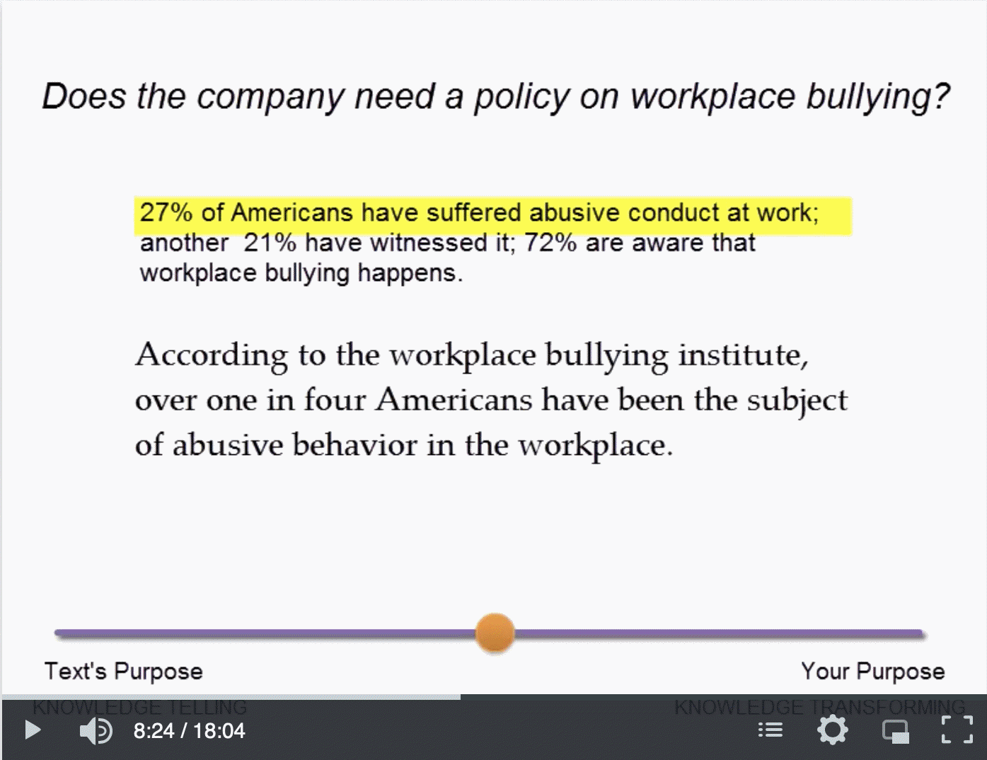 This figure and the next consist of two screenshots from video. Each video frame offers a prompt ('Does the company need a policy on workplace bullying?'), an excerpt of source text, and a paraphrase. One paraphrase demonstrates moderate knowledge transformation and the other shows substantial knowledge transformation.