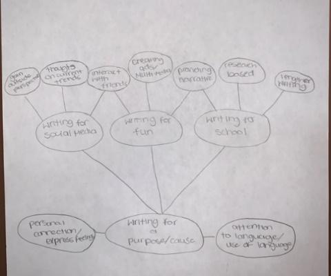 Taylor’s initial monochromatic map of four primary self-named spheres--writing for social media; writing for fun; writing for school, all hierarchically governed by writing for a purpose.