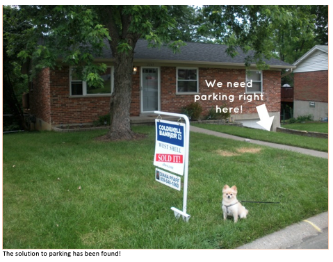 A meme that a student created. The meme contains a photograph of a house. An arrow has been added to the image. The arrow points down to the house’s driveway. Next to the arrow are the words “We need parking right here!” Underneath the photograph, the student added the text “The solution to parking has been found!”