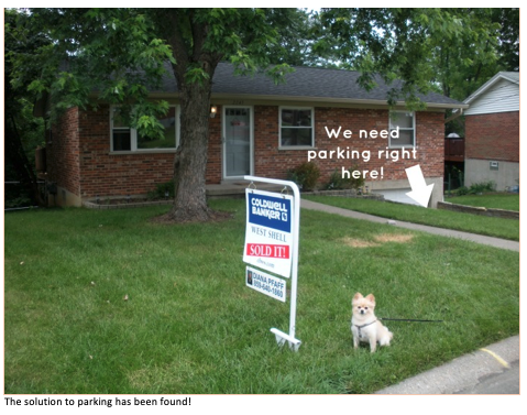 A meme that a student created. The meme contains a photograph of a house. An arrow has been added to the image. The arrow points down to the house’s driveway. Next to the arrow are the words &ldquo;We need parking right here!&rdquo; Underneath the photograph, the student added the text &ldquo;The solution to parking has been found!&rdquo;