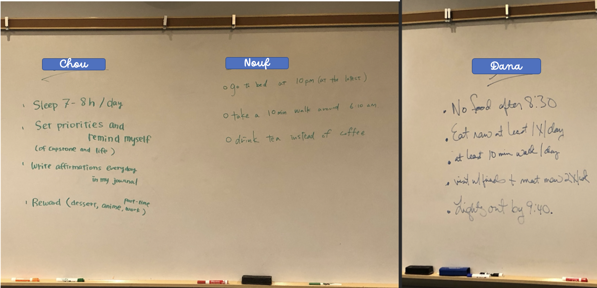 Images of student goals on a white board.
